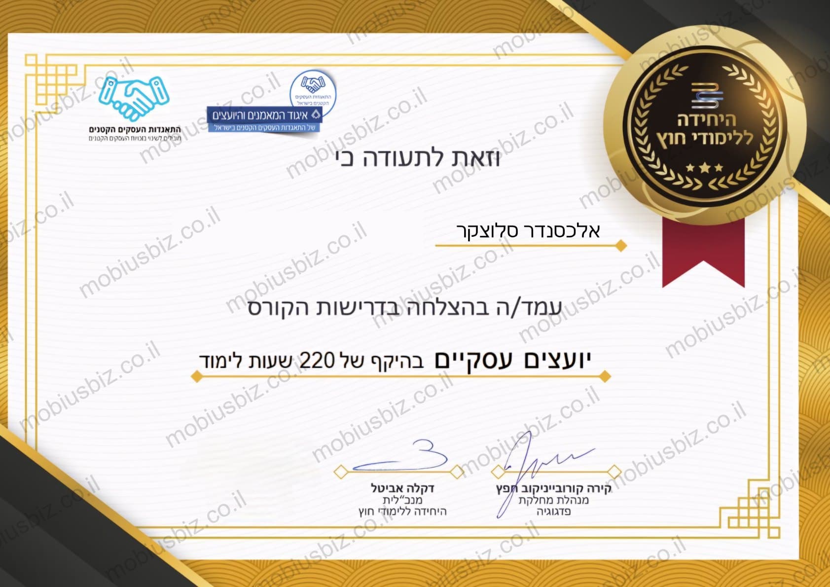 תעודת סיום קורס יועצים עסקיים בהיקף 220 שעות של אלכסנדר סלוצקר